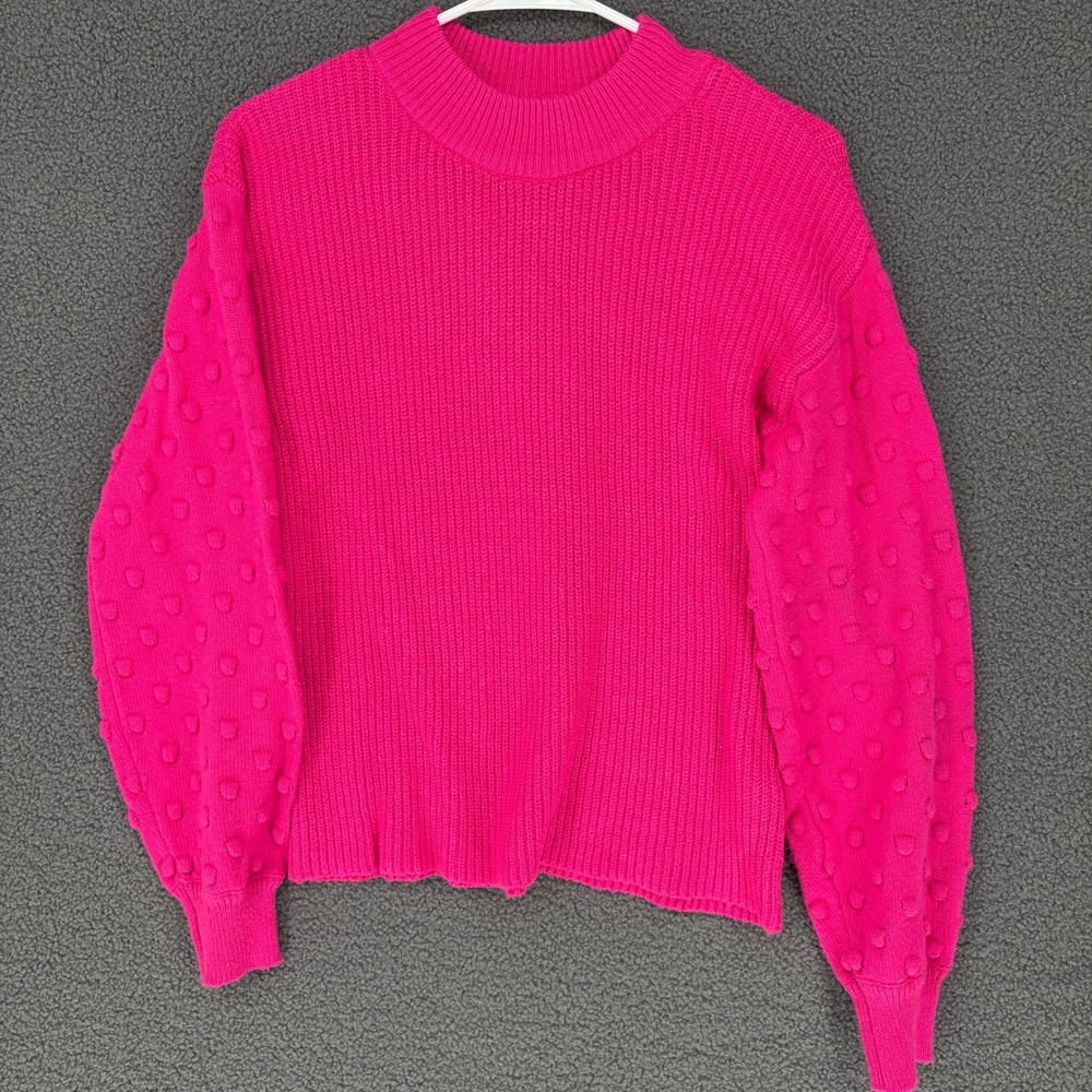 Vince Camuto Hot Pink Bobble Puff Sleeve Mock Neck Ribbed Sweater Small